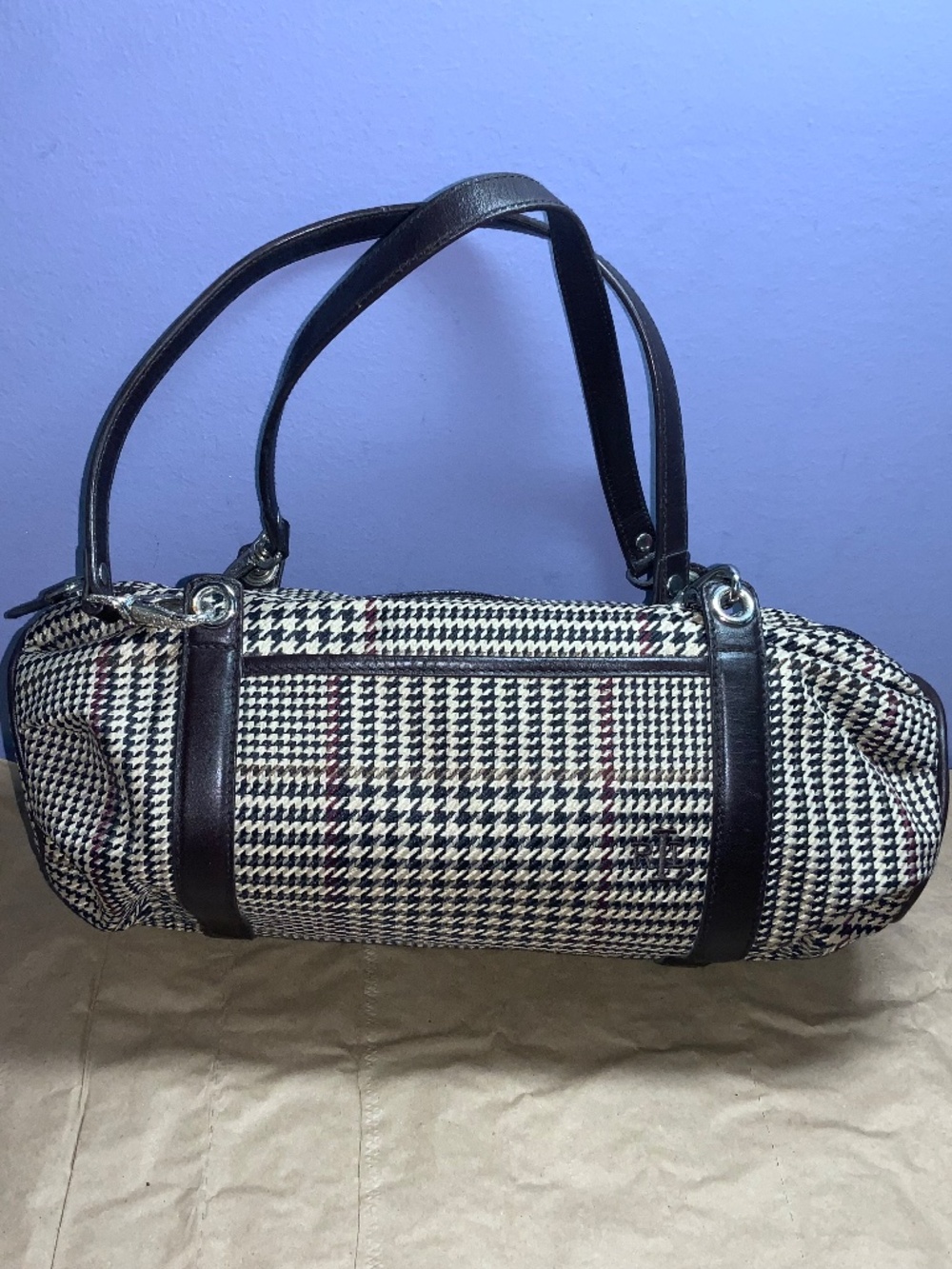 Lauren Ralph Lauren baguette purse brown cream houndstooth vintage Y2K